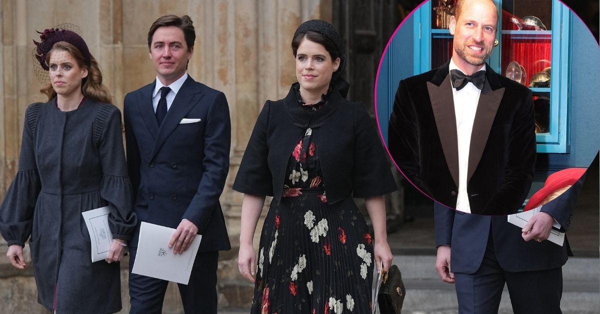 image of princess Beatrice and princess Eugenie with inset of prince William