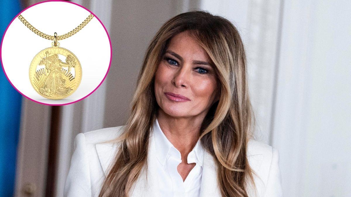 composite photo of melania trump and a gold necklace she is selling on her website