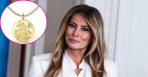 composite photo of melania trump and a gold necklace she is selling on her website