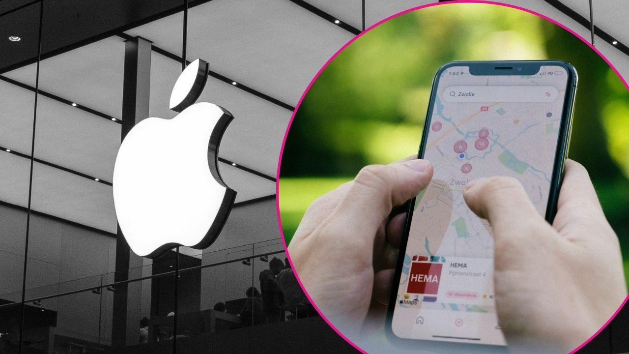 Composite photo of the Apple logo and a person using Apple maps.