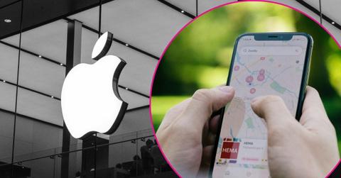 Composite photo of the Apple logo and a person using Apple maps.