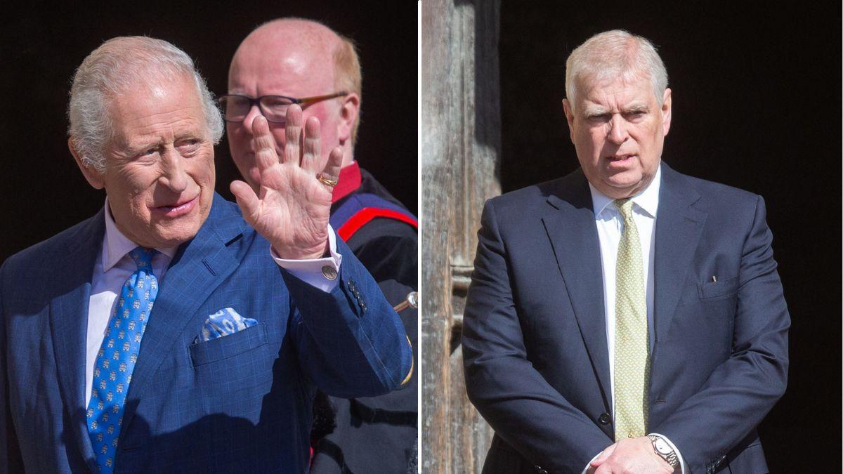 split photo of King Charles, Prince Andrew. 