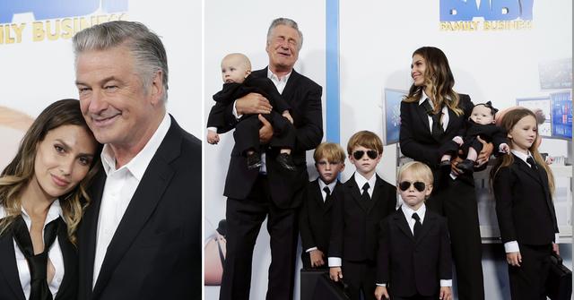 hilaria and alec bladwin and family at the boss baby premiere