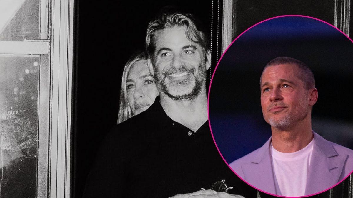 Split photo of Jennifer Aniston, Jim Curtis and Brad Pitt.