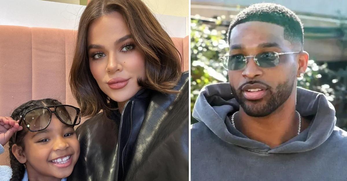 Photo of Khloe Kardashian with True Thompson and a picture of Tristan Thompson.