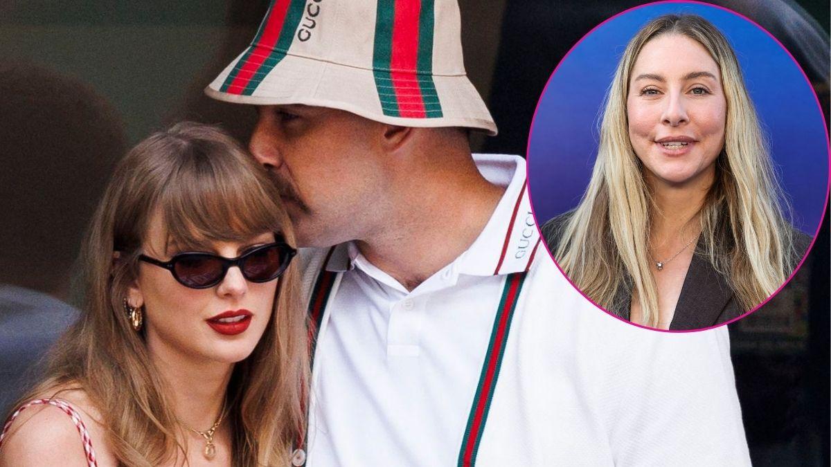 Split photo of Taylor Swift & Travis Kelce & Este Haim