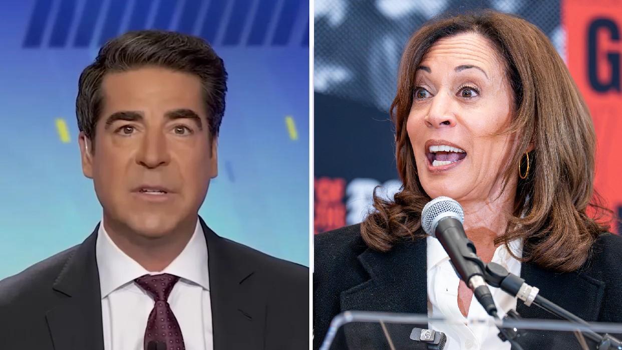 split photo of Kamala Harris and Jesse Watters. 