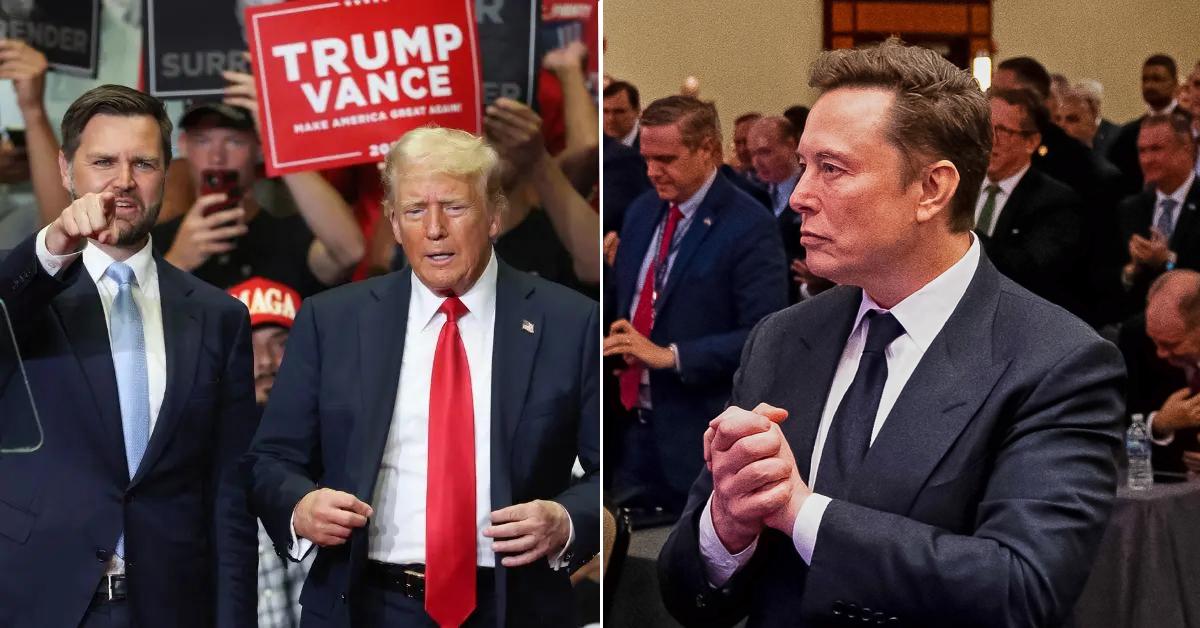 Photo of Donald Trump and J.D. Vance; picture of Elon Musk.