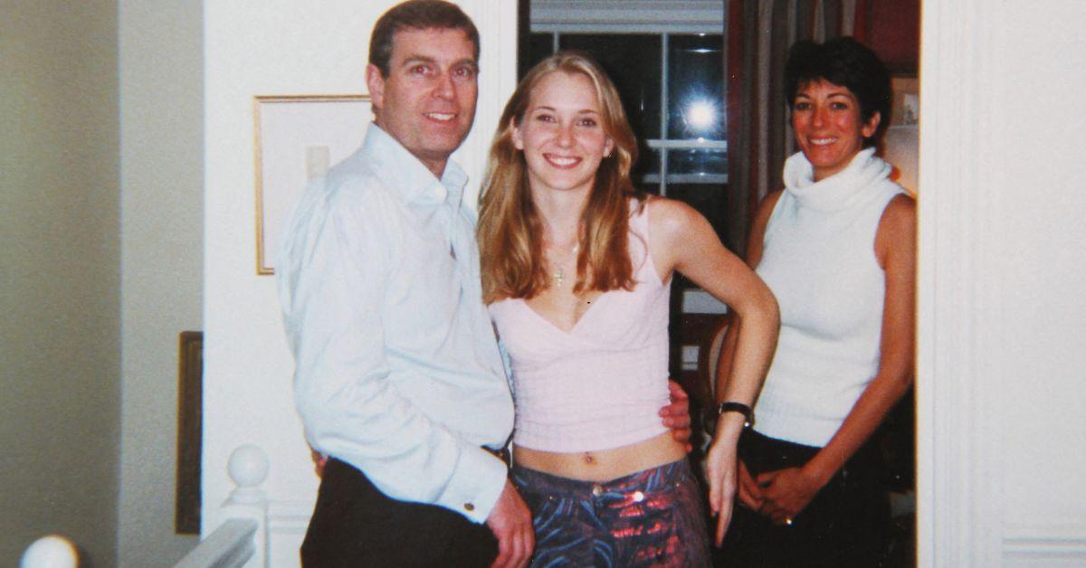 image of Andrew Mountbatten-Windsor pictured with Ghislaine Maxwell and Virginia Giuffre in the 2000s.