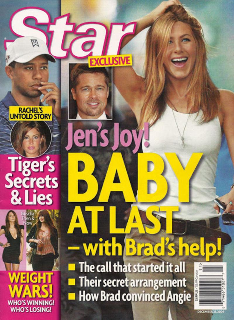 cover of magazine with a woman that says baby at last