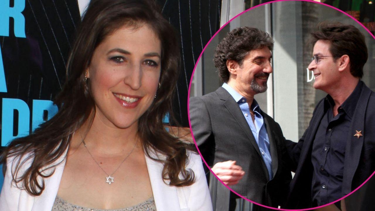 Split photo of Mayim Bialik, Chuck Lorre and Charlie Sheen