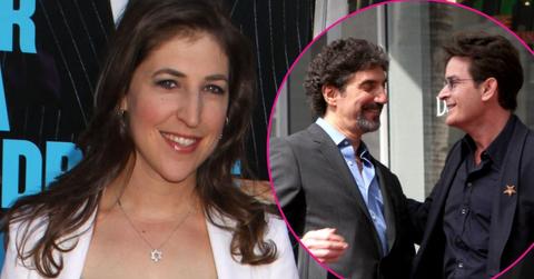 Split photo of Mayim Bialik, Chuck Lorre and Charlie Sheen