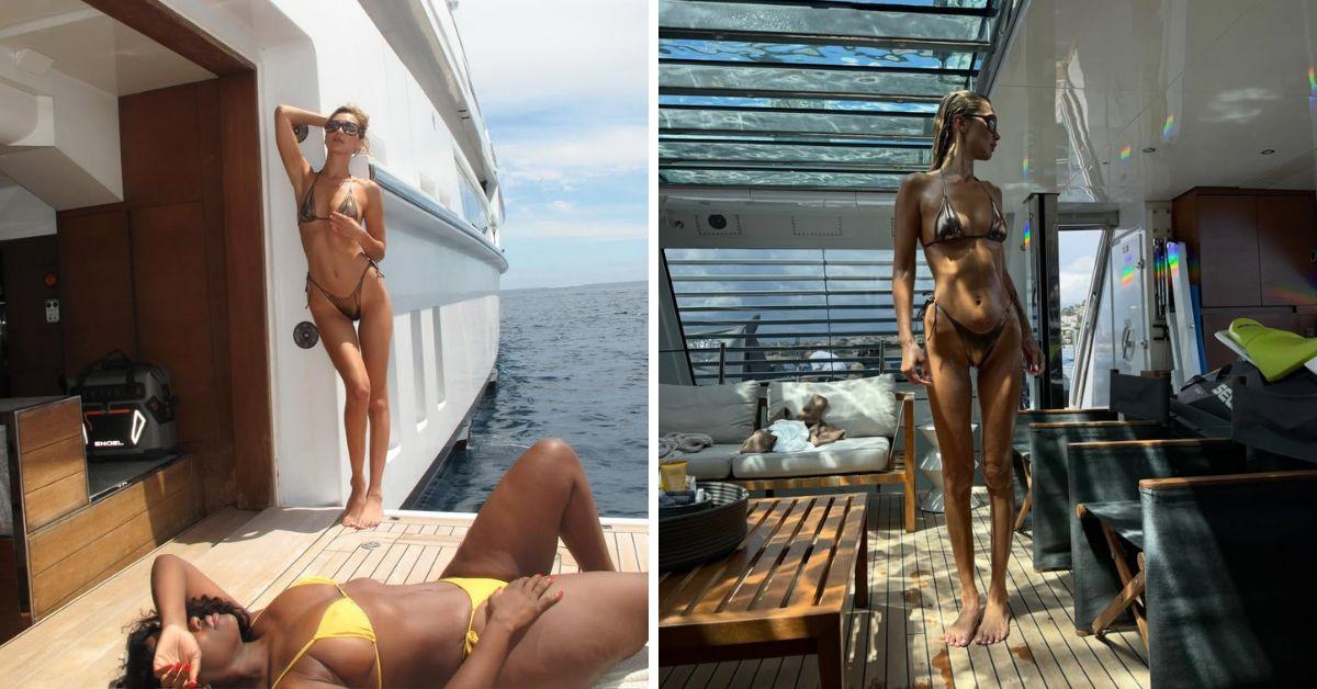 image of The supermodel wore a metallic bronze string bikini while relaxing aboard a luxury yacht during the getaway.