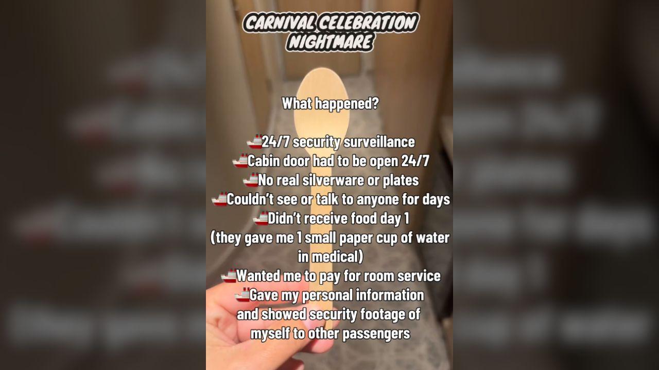 Image of a TikToker's Carnival cruise stay ended with a constant security watch when a person claiming to be a 'family member' called Carnival and told them that she had 'suicidal tendencies.'