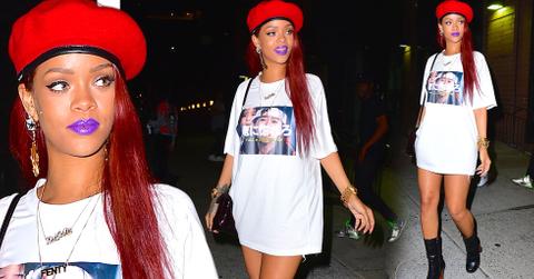 Rihanna t shirt dress beret bowling