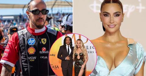 Split photo of Lewis Hamilton, Kim Kardashian, Beyoncé and Jay-Z.