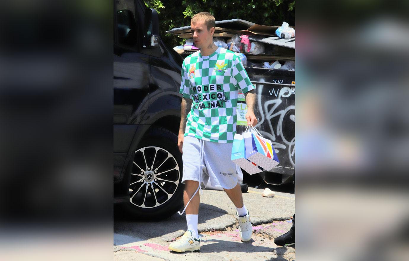 Justin Bieber sports a green-and-white checkered jersey on a cannabis  dispensary run in Los Angeles