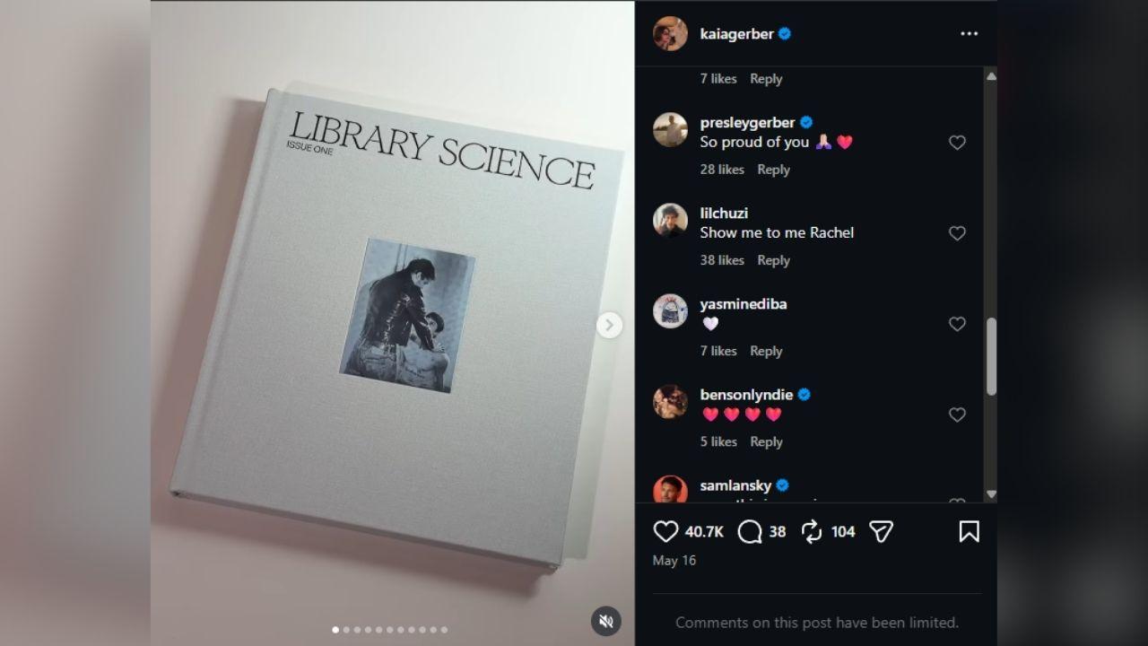 image of Presley Gerber publicly celebrated sister Kaia Gerber's Library Science project in May.