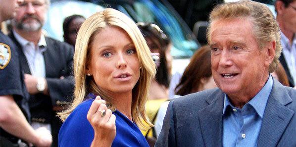 Kelly Ripa Wearing Royal Blue Dress, With Regis Philbin Wearing Medium Blue Suit