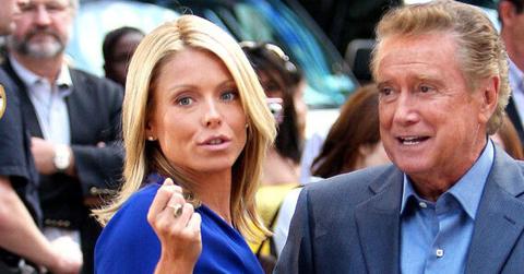 Kelly Ripa Wearing Royal Blue Dress, With Regis Philbin Wearing Medium Blue Suit