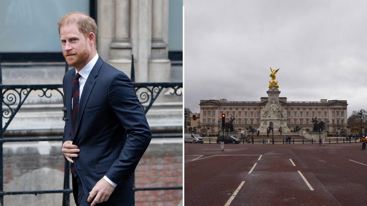 Split Photo of Prince Harry and Buckingham Palace