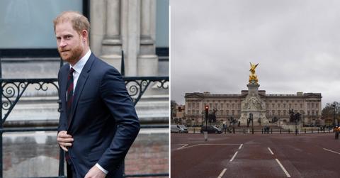 Split Photo of Prince Harry and Buckingham Palace