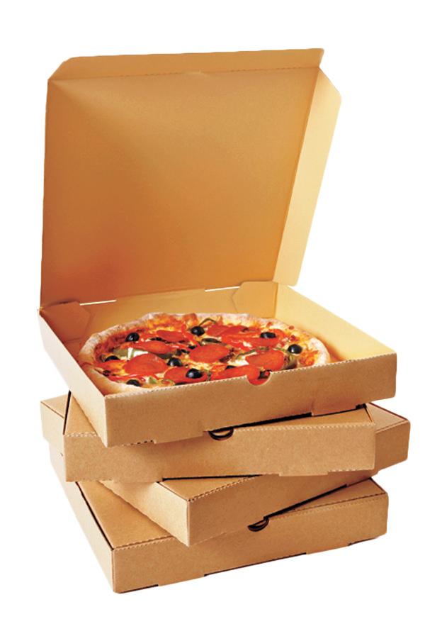 Freshly baked Pizza with stack of delivery boxes