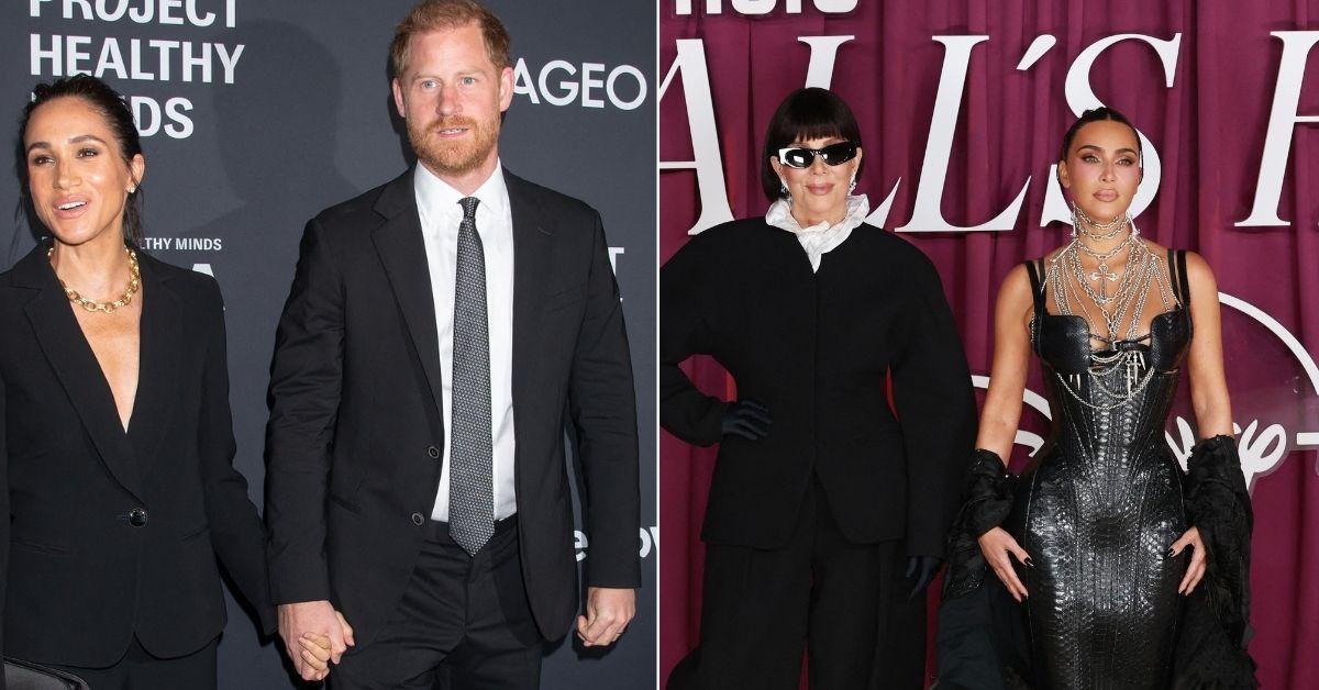 split image of Prince Harry and Meghan Markle; Kim Kardashian and Kris Jenner.