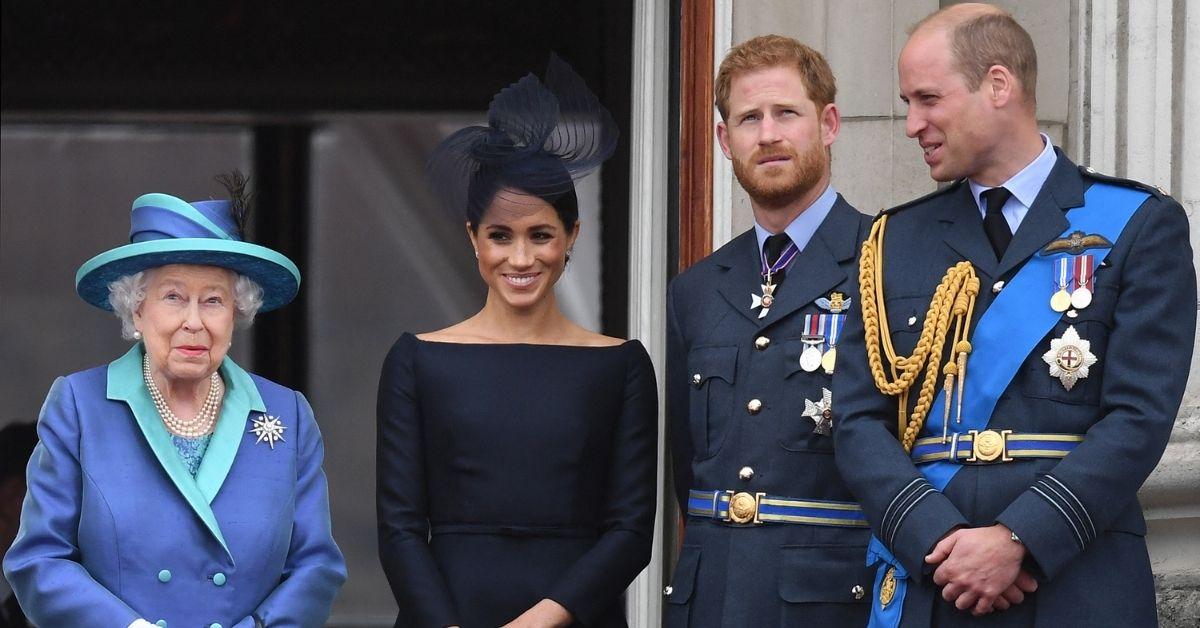 image of queen Elizabeth, Prince William, prince harry and meghan markle