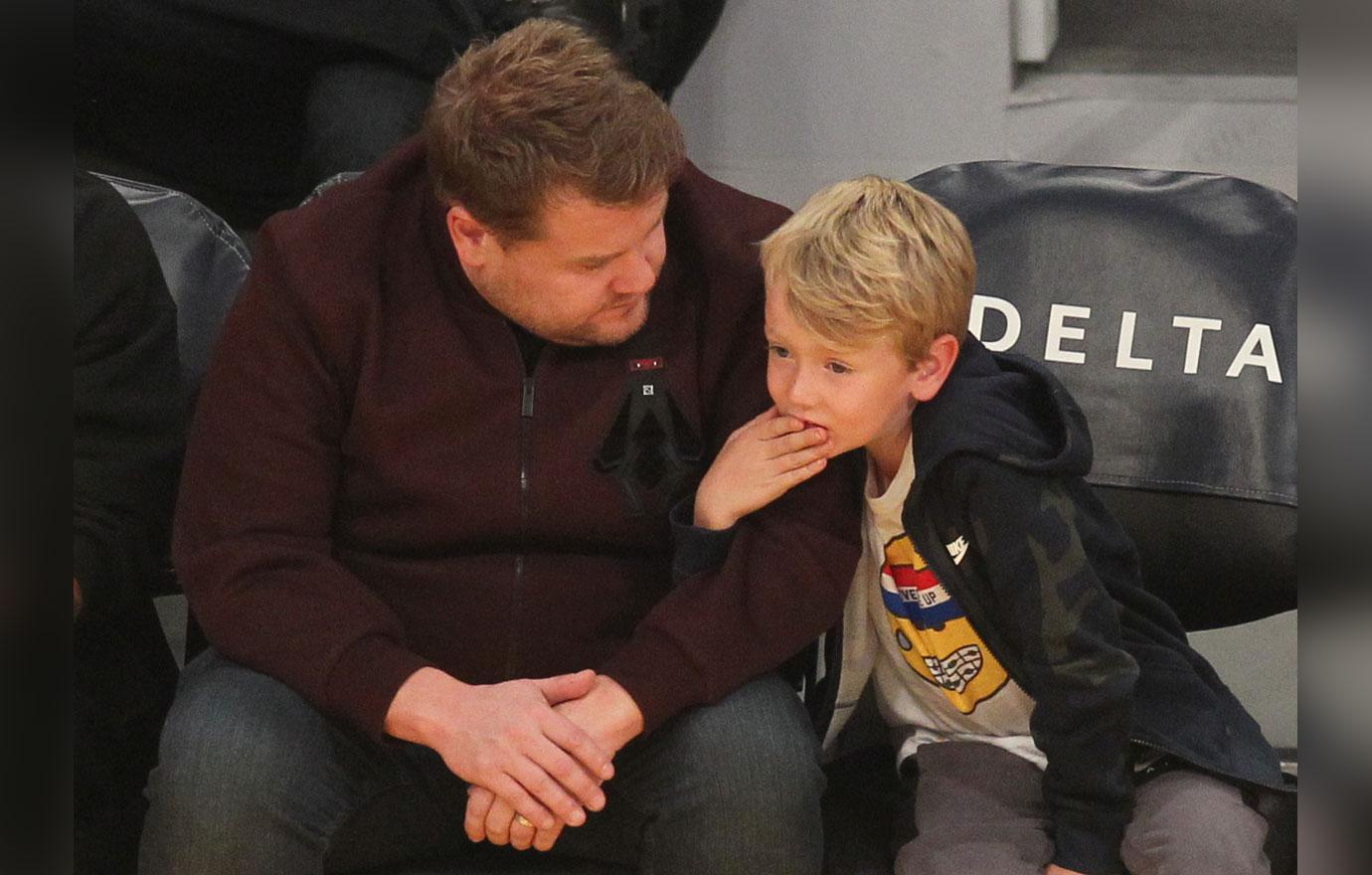 Talk Show host and Comedian James Corden and his son Max hang out at the Lakers Game