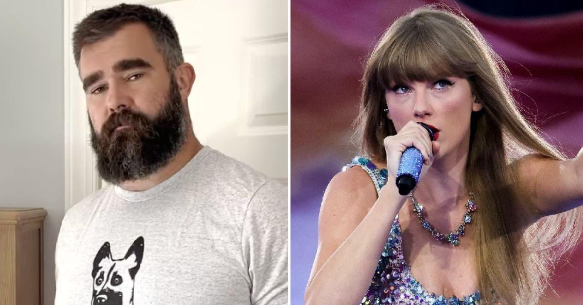 Composite photo of Jason Kelce and Taylor Swift.