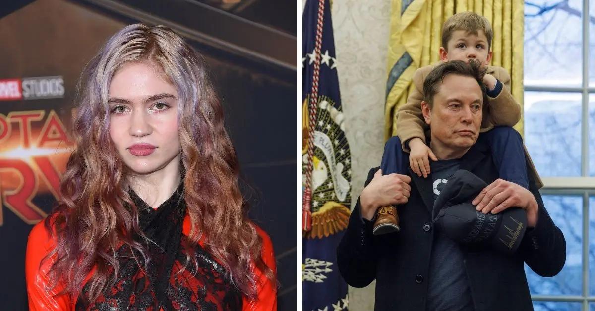 Photo of Grimes and a picture of Elon Musk with son X.