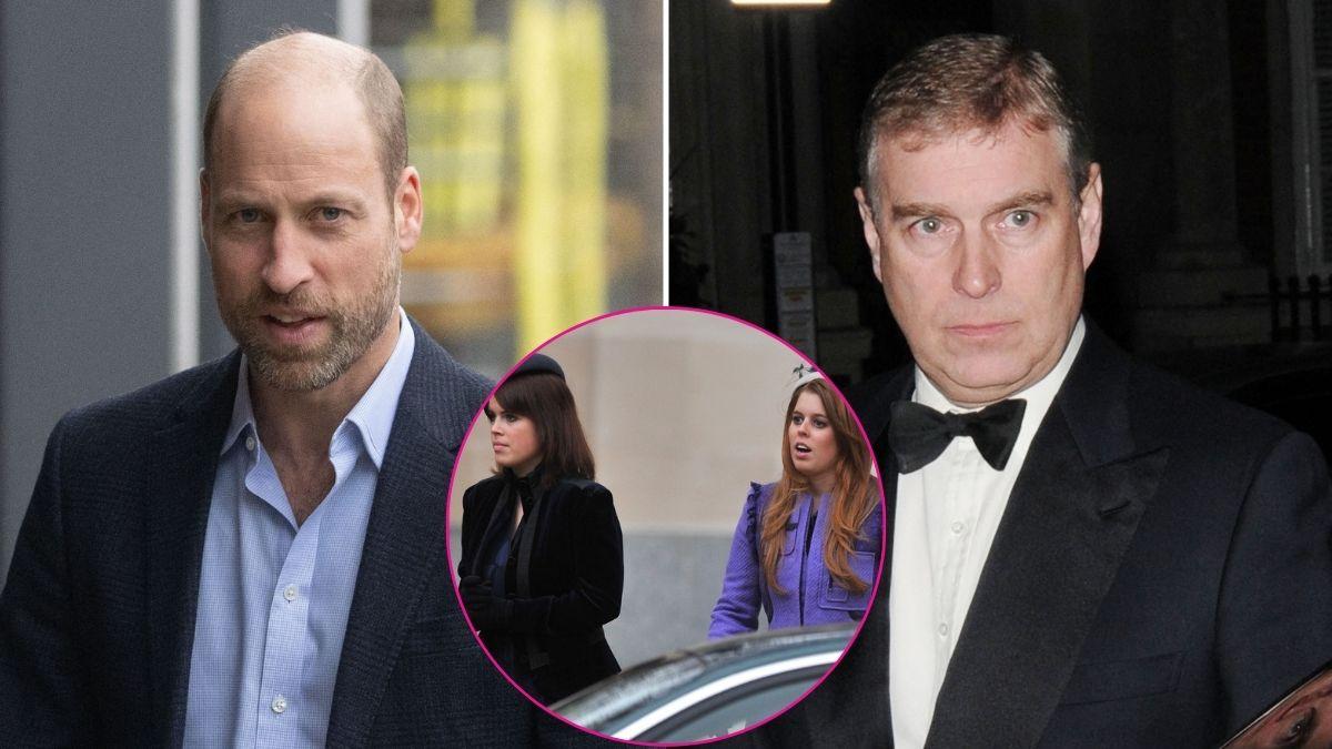 Split photo of Prince William, Ex-Prince Andrew and Princesses Eugenie and Beatrice.