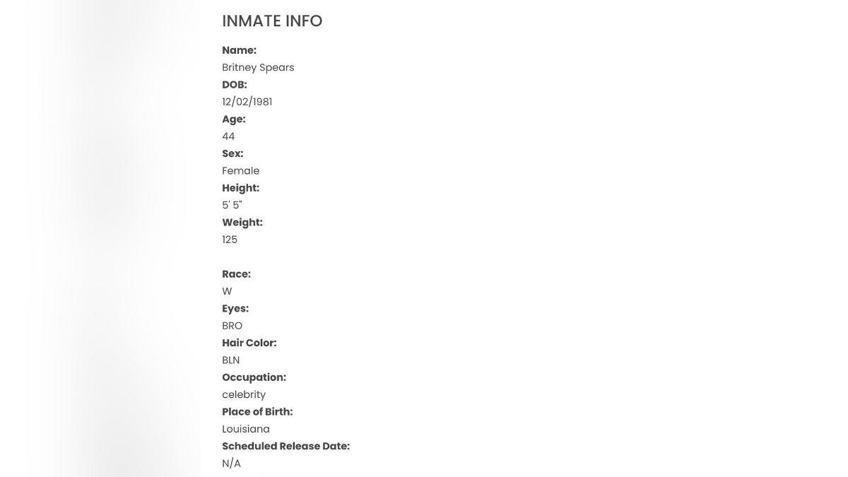 Image of Britney Spears was released just a few hours after being taken into custody.