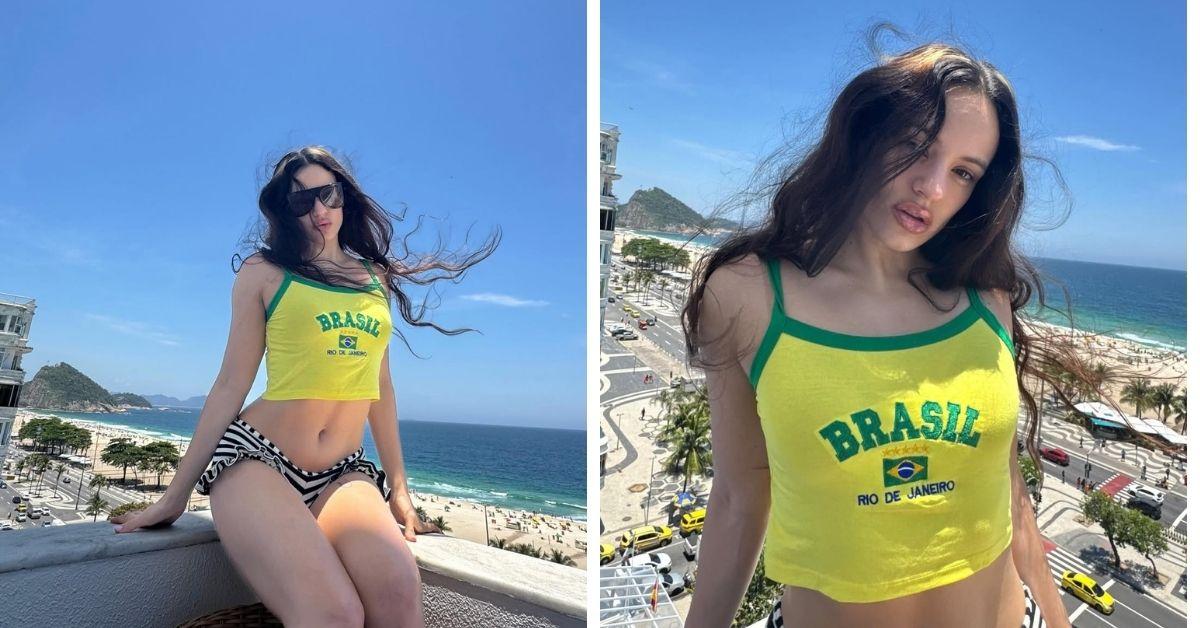 image of The singer posed in a crop top and playful vacation outfits.