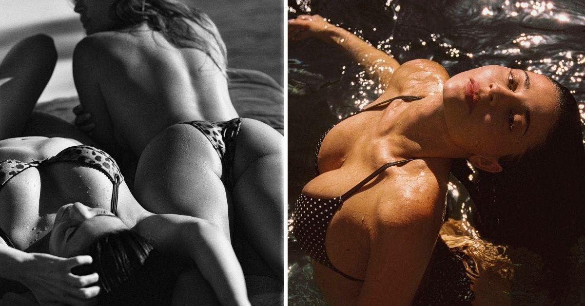 image of The reality star also posed in the water wearing a polka dot bikini.