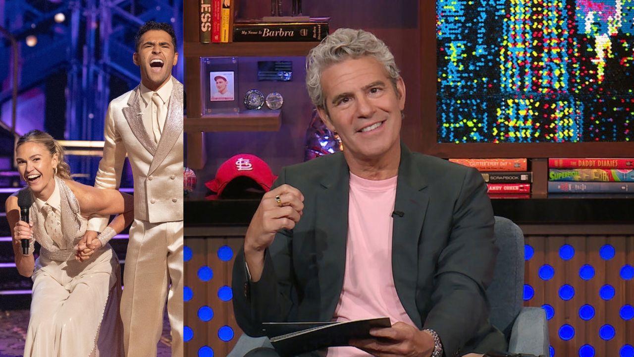 split of Julia Stiles, Ezra Sosa and Andy Cohen.