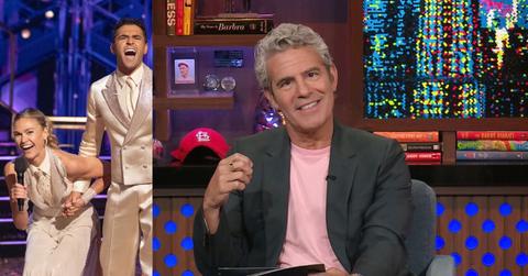 split of Julia Stiles, Ezra Sosa and Andy Cohen.