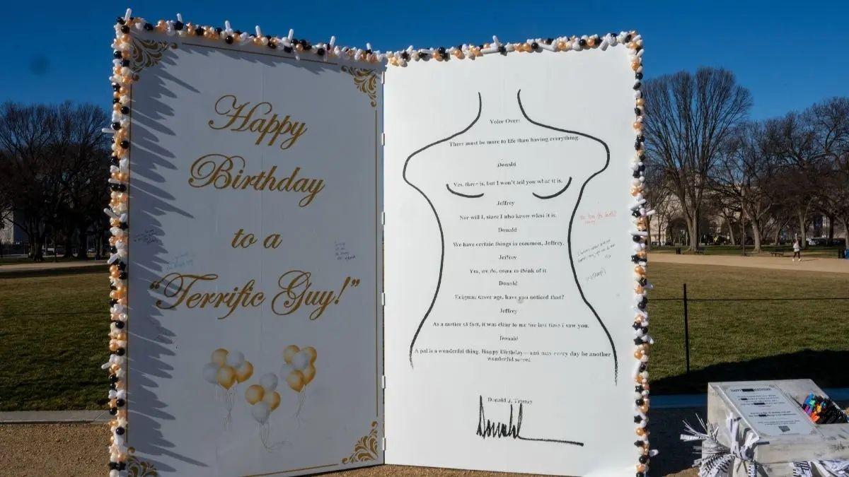 image of An installation of a card Donald Trump allegedly sent to Jeffrey Epstein was put up on January 19.
