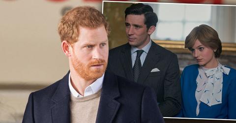 Prince Harry with Inset of Netflix's The Crown Season 4 Prince Charles and Princess Diana