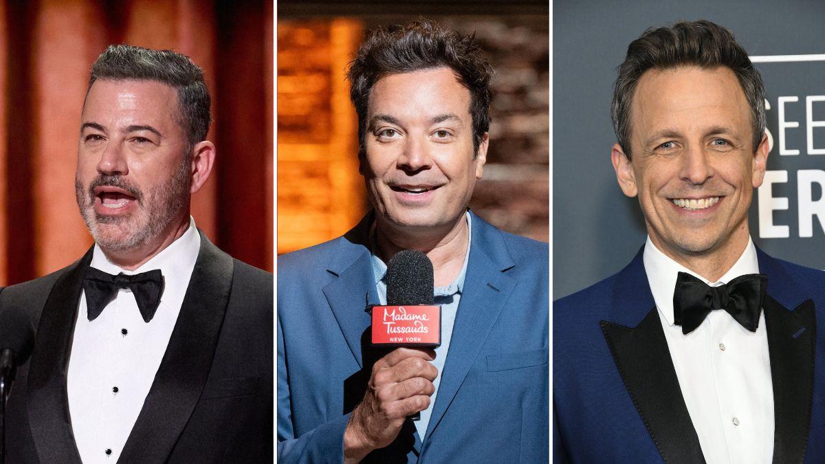 Composite photo of Jimmy Kimmel, Jimmy Fallon and Seth Meyers.