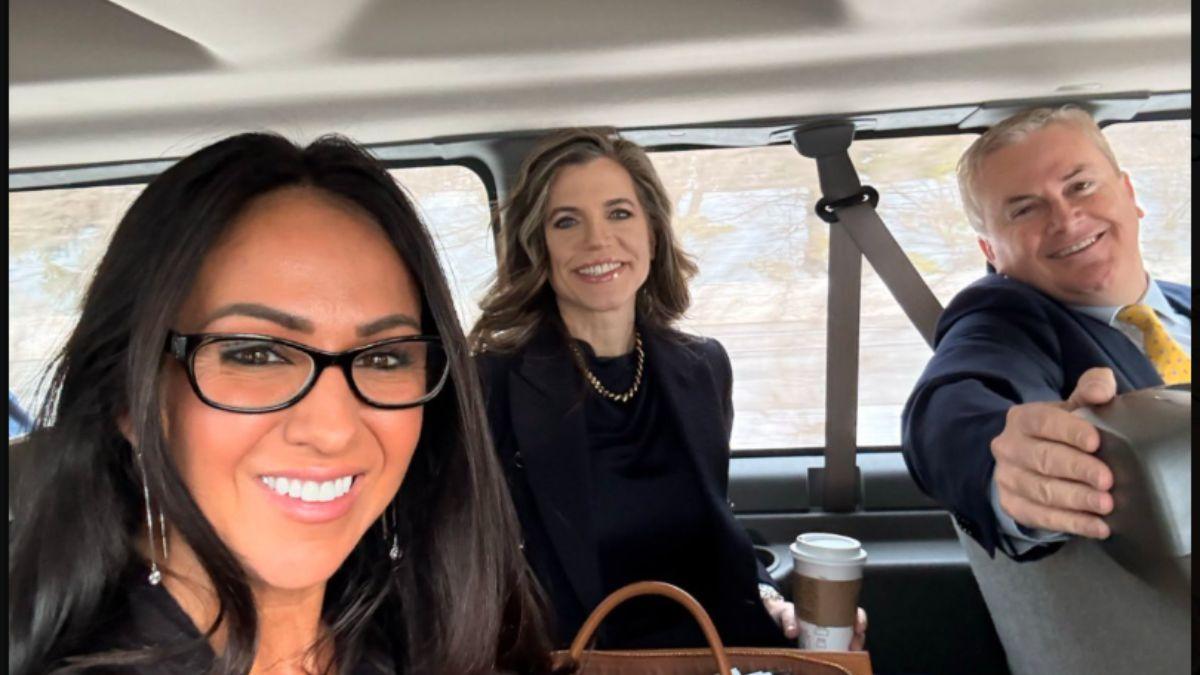 Photo of 'I'm here with my Oversight colleagues to depose Hillary Clinton under oath in the Epstein probe,' Lauren Boebert captioned her photo.