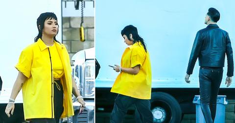demi lovato sports a funky mullet while on the set of a music video with rapper g eazy in los angeles