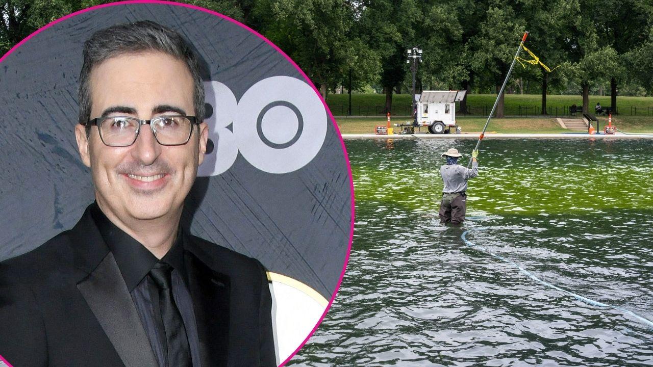 Composite photo of John Oliver and the Lincoln Memorial Reflecting Pool.