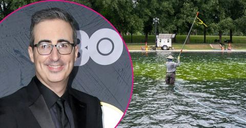 Composite photo of John Oliver and the Lincoln Memorial Reflecting Pool.