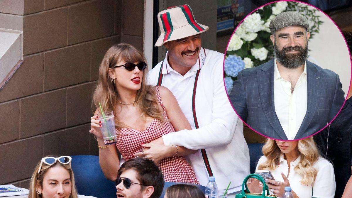 Split photo of Taylor Swift & Travis Kelce & Jason Kelce