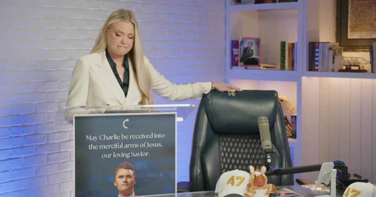 Image of Charlie Kirk's wife spoke from a podium inside of her husband's recording studio.