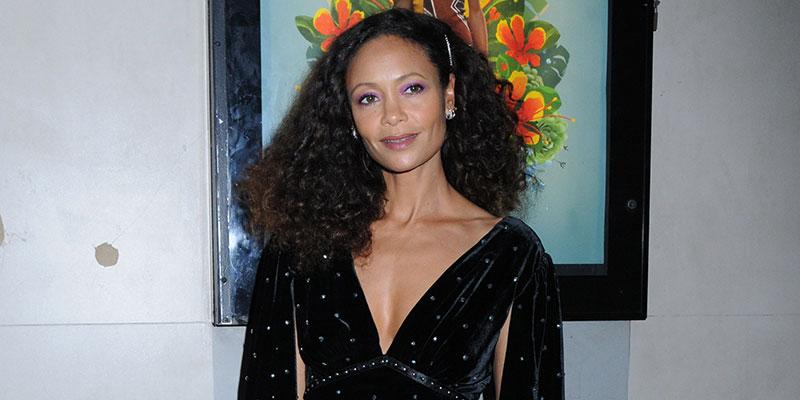 Thandie newton deep cut black gown cinched waist main