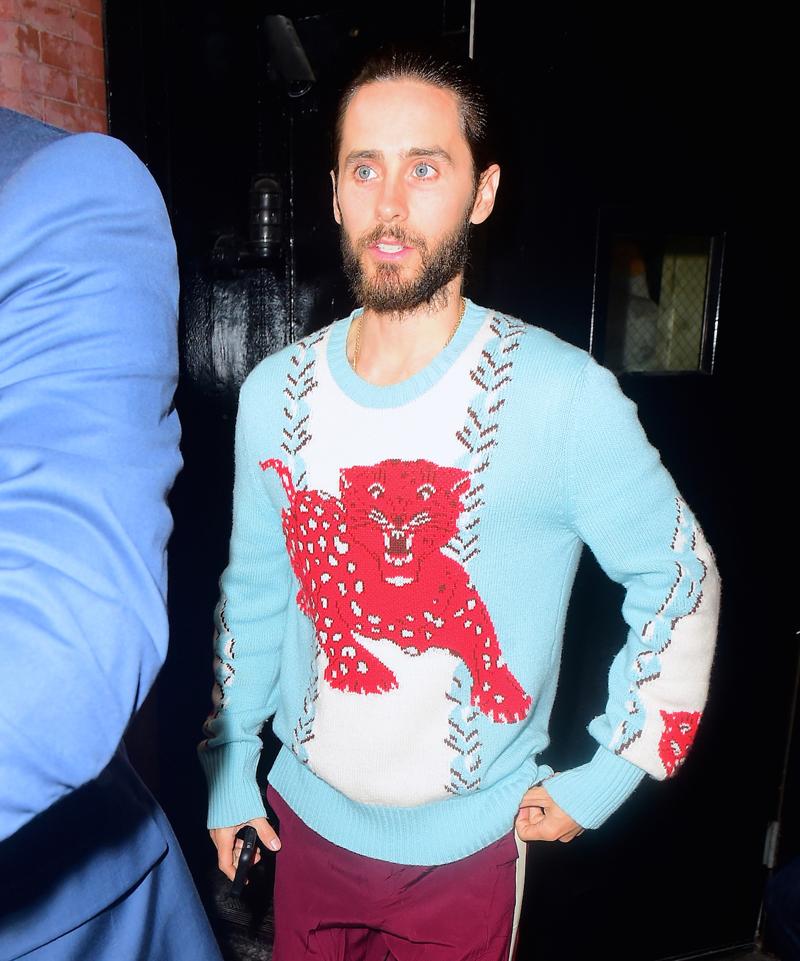 Jared Leto Wears Gucci Red Leopard Sweater as he leaves his Hotel for the Tonight Show in NYC