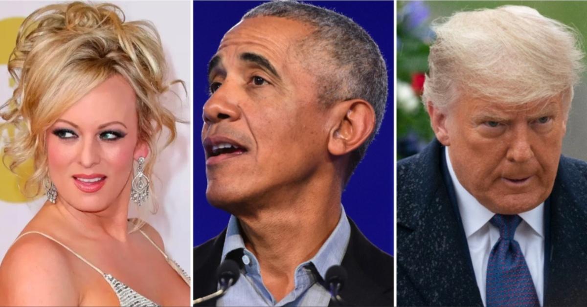 Split photo of Stormy Daniels, Barack Obama and Donald Trump.